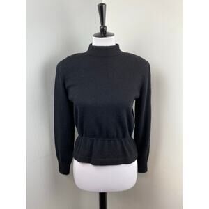 St. John 80s Black High Neck Gathered Waist  Peplum Santana Knit Sweater Size 6
